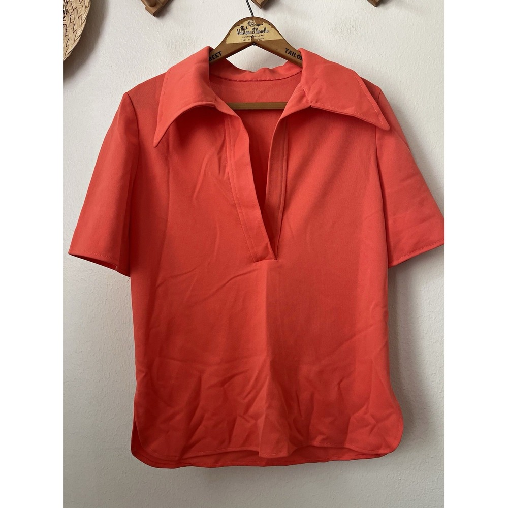 60s 70s orange stretch knit point collar short sleeve shirt groovy M brady bunch
